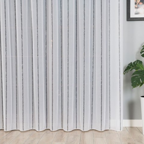 Firanka fantazyjna ze wzorem pasowym z ołowianką, wysokość 305cm, kolor 007 biały z czarnym ze srebrną nitką 019789/OLO/007/0003