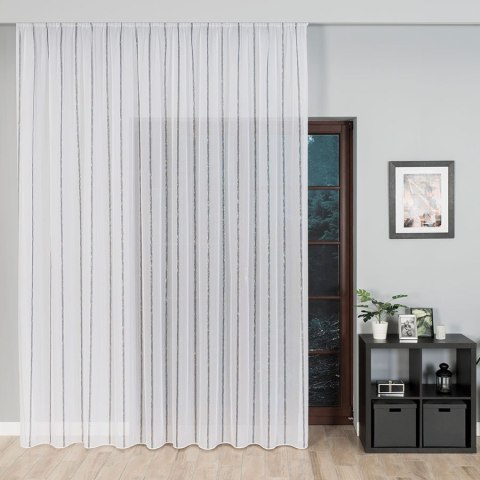 Firanka fantazyjna ze wzorem pasowym z ołowianką, wysokość 305cm, kolor 007 biały z czarnym ze srebrną nitką 019789/OLO/007/0003