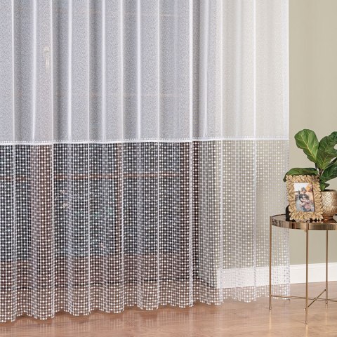 Firanka z aplikacją na markizecie ze wzorem pasowym, wysokość 280cm, kolor 680 biały z białym dołem 081778/433/680/000280/1