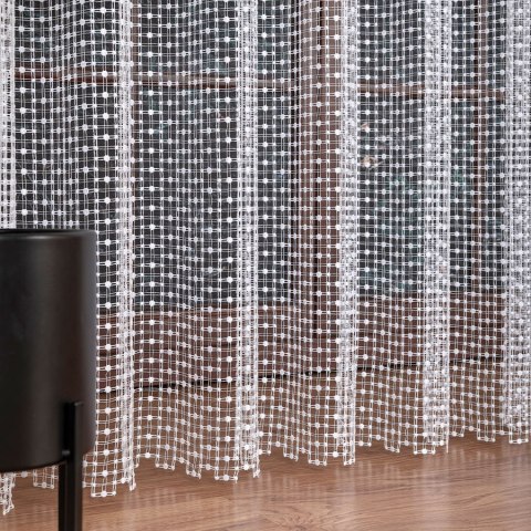 Firanka z aplikacją na markizecie ze wzorem pasowym, wysokość 280cm, kolor 680 biały z białym dołem 081778/433/680/000280/1