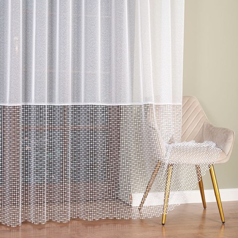 Firanka z aplikacją na markizecie ze wzorem pasowym, wysokość 280cm, kolor 680 biały z białym dołem 081778/433/680/000280/1
