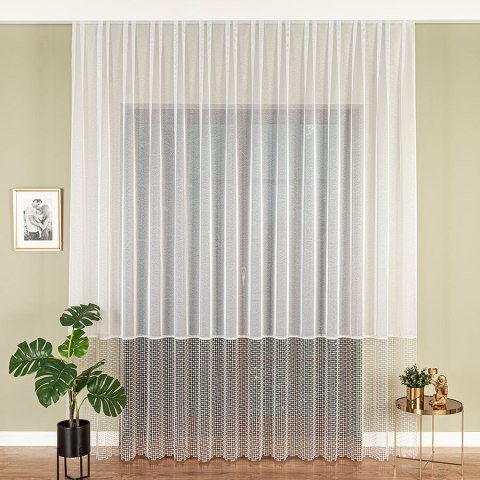 Firanka z aplikacją na markizecie ze wzorem pasowym, wysokość 280cm, kolor 202 biały z kremowym dołem 081778/433/202/000280/1