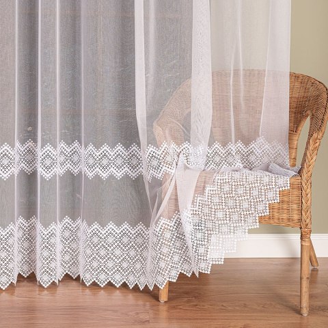 Firanka z aplikacją ze wzorem pasowym na markizecie, wysokość 280cm, kolor 001 biały 009377/178/001/000280/1