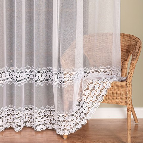 Firanka z aplikacją ze wzorem pasowym na markizecie, wysokość 280cm, kolor 001 biały 009397/433/001/000280/1