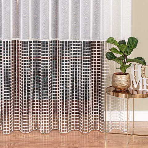 Firanka z aplikacją na markizecie ze wzorem pasowym, wysokość 280cm, kolor 202 biały z kremowym dolem 081773/433/202/000280/1