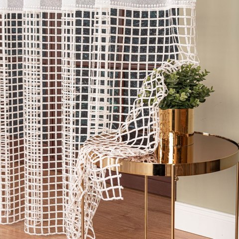 Firanka z aplikacją na markizecie ze wzorem pasowym, wysokość 280cm, kolor 202 biały z kremowym dolem 081773/433/202/000280/1