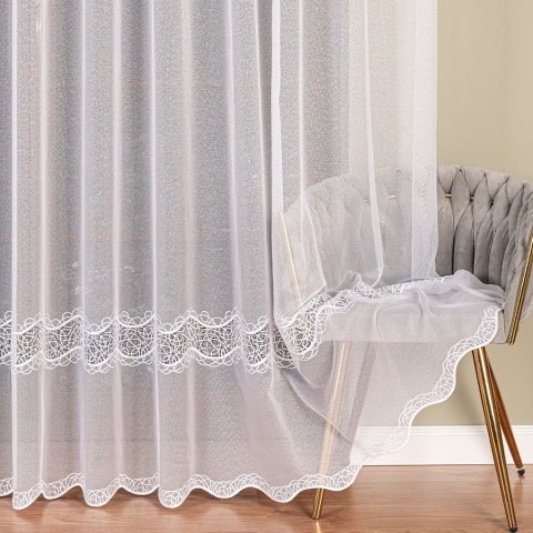 Firanka z aplikacją ze wzorem pasowym na markizecie, wysokość 280cm, kolor 001 biały 034617/433/001/000280/1