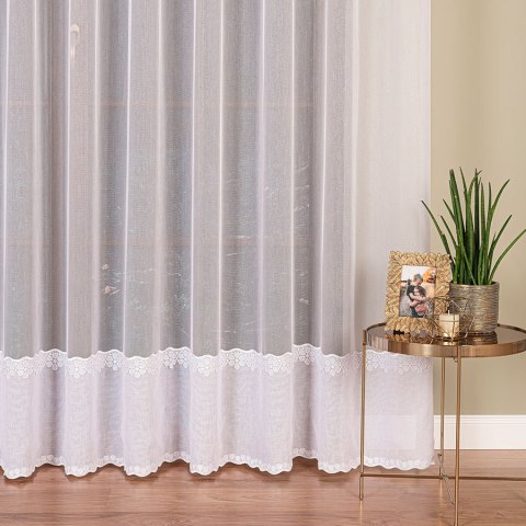 Firanka z aplikacją ze wzorem pasowym na markizecie, wysokość 280cm, kolor 001 biały 009418/178/001/000280/1