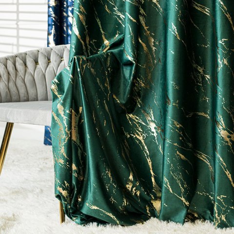 MARMA Tkanina dekoracyjna, wysokość 300cm, kolor 010 ciemny zielony; butelkowy ze złotym nadrukiem na VELVI TD0033/TDP/010/00030
