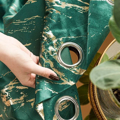 MARMA Zasłona gotowa na przelotkach, szerokość 140cm x wysokość 250cm, kolor 010 ciemny zielony; butelkowy ze złotym nadrukiem n