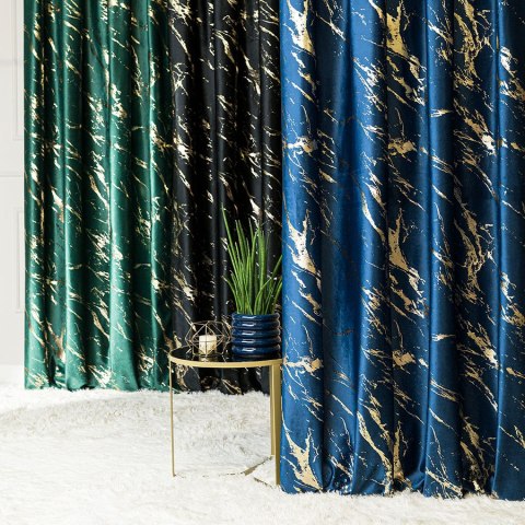 MARMA Zasłona gotowa na przelotkach, szerokość 140cm x wysokość 250cm, kolor 011 granatowy ze złotym nadrukiem na VELVI TD0033/Z