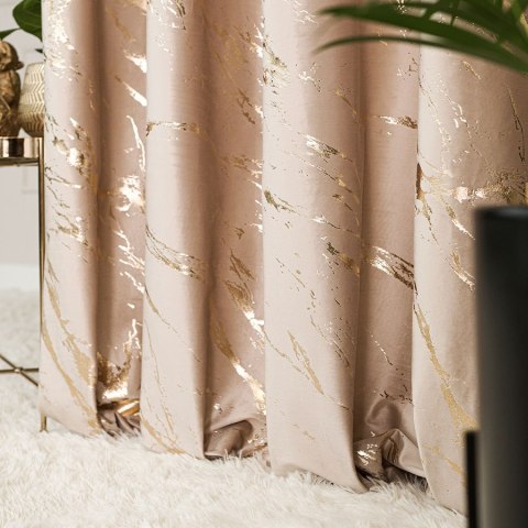 MARMA Zasłona gotowa na taśmie, szerokość 140cm x wysokość 250cm, kolor 003 jasny beżowy ze złotym nadrukiem na VELVI TD0033/ZGT