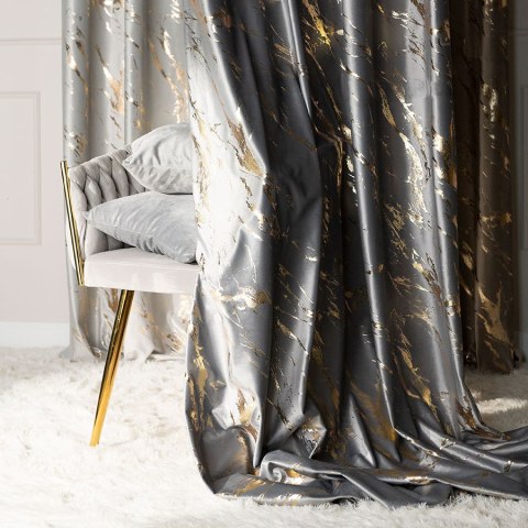 MARMA Zasłona gotowa na taśmie, szerokość 140cm x wysokość 250cm, kolor 005 jasny szary ze złotym nadrukiem na VELVI TD0033/ZGT/