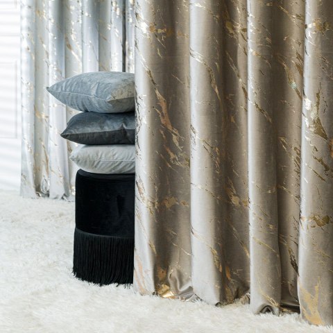 MARMA Zasłona gotowa na taśmie, szerokość 140cm x wysokość 250cm, kolor 017 szarobeżowy ze złotym nadrukiem na VELVI TD0033/ZGT/