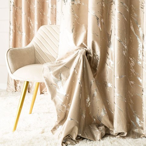 MARMA Zasłona gotowa na przelotkach, szerokość 140cm x wysokość 250cm, kolor 001 ciemny beżowy ze srebrnym nadrukiem na VELVI TD