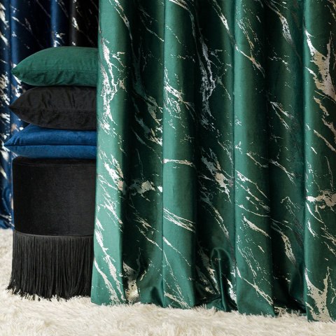 MARMA Zasłona gotowa na przelotkach, szerokość 140cm x wysokość 250cm, kolor 010 ciemny zielony; butelkowy ze srebrnym nadrukiem