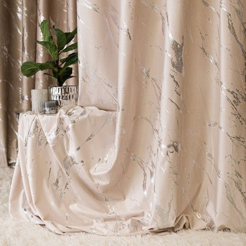 MARMA Zasłona gotowa na przelotkach, szerokość 140cm x wysokość 250cm, kolor 016 kremowy ze srebrnym nadrukiem na VELVI TD0037/Z