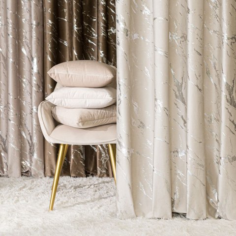 MARMA Zasłona gotowa na taśmie, szerokość 140cm x wysokość 250cm, kolor 226 jasny kremowy ze srebrnym nadrukiem na VELVI TD0037/