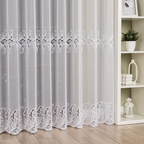 Firanka z aplikacją ze wzorem pasowym na markizecie, wysokość 280cm, kolor 001 biały 162035/433/001/000280/1