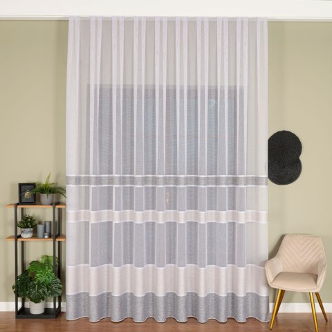 Firanka fantazyjna z ołowianką, wysokość 300cm, kolor 003 biały z beżowo-szarymi pasami 001827/OLO/003/000300/1