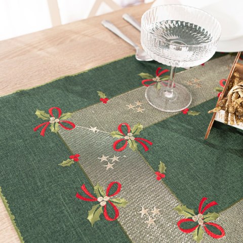 ŚWIĄTECZNE KOKARDKI Bieżnik z haftem, szerokość 40cm x wysokość 140cm, kolor 002 zielony 295161/KSP/002/040140/1