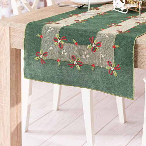 ŚWIĄTECZNE KOKARDKI Bieżnik z haftem, szerokość 50cm x wysokość 100cm, kolor 002 zielony 295161/KSP/002/050100/1
