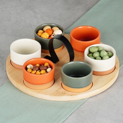 ZESTAW MISECZEK NA DREWNIANEJ TACY DO SERWOWANIA SOSÓW PRZEKĄSEK 139748