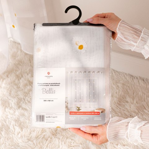 BELLIS Firana gotowa na etaminie w stokrotki, haftowana na srebrnych przelotkach, z ołowianką szerokość 300 x wysokość 160cm, ko