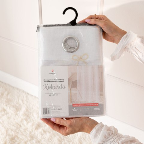 KOKARDKA Firana gotowa na etaminie, haftowana, na taśmie, z ołowianką, szerokość 140 x wysokość 250cm, kolor 002 biały ze złotym