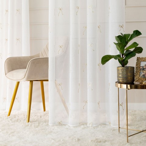 KOKARDKA Firanka haftowana w kokardki na etaminie, wysokość 290cm, kolor 002 biały ze złotym KOKARD/OLO/002/000290/1