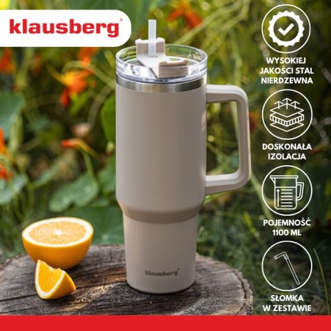 STALOWY KUBEK TERMICZNY TERMOS 1100ml Z RĄCZKĄ I SŁOMKĄ KLAUSBERG KB-7943
