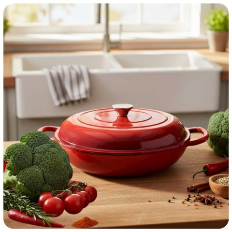 EMALIOWANY GARNEK ŻELIWNY PŁASKI 30cm 3L HAGE CZERWONY