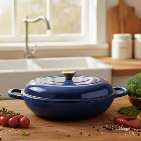 EMALIOWANY GARNEK ŻELIWNY PŁASKI 30cm 3L HAGE NIEBIESKI