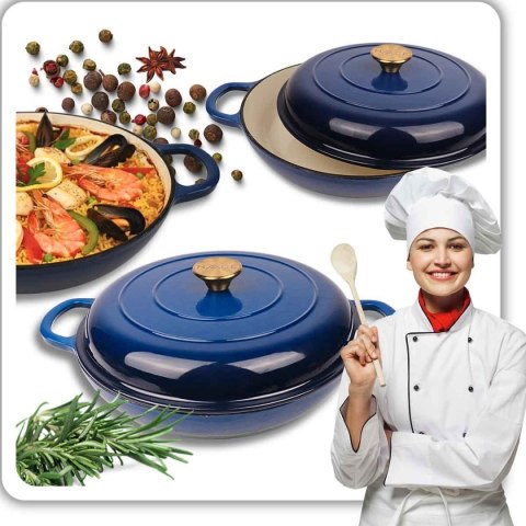 EMALIOWANY GARNEK ŻELIWNY PŁASKI 30cm 3L HAGE NIEBIESKI