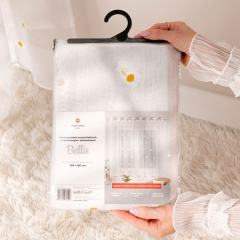 BELLIS Firana gotowa na etaminie w stokrotki, haftowana na taśmie, z ołowianką szerokość 300 x wysokość 160cm, kolor 001 biały B