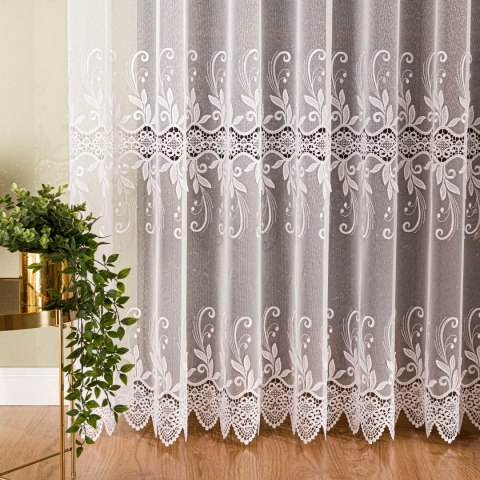 Firanka z aplikacją na markizecie ze wzorem pasowym, wysokość 250cm, kolor 001 biały 122467/433/001/000250/1