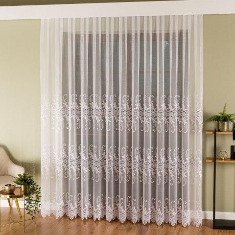 Firanka z aplikacją na markizecie ze wzorem pasowym, wysokość 250cm, kolor 001 biały 122467/433/001/000250/1