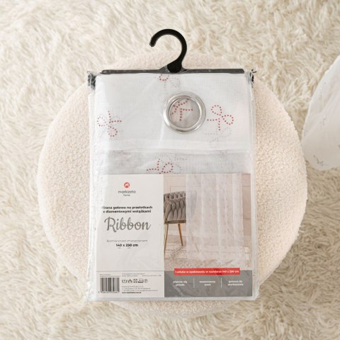 RIBBON Firana gotowa na woalu w diamentowe kokardki, na taśmie, z ołowianką, szerokość 140 x wysokość 250cm, kolor 003 biały z z