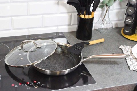 PATELNIA STALOWA Z POKRYWKĄ 28cm POWŁOKA PLASTER MIODU 5556