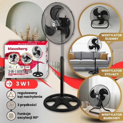 WENTYLATOR WIATRAK PODŁOGOWY BIURKOWY ŚCIENNY 3w1 KLAUSBERG KB-9042