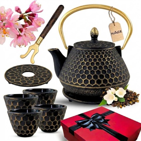 ZAPARZACZ ŻELIWNY DZBANEK ZŁOTY 900ml Z FILTREM i FILIŻANKAMI HAGE