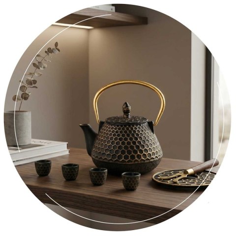 ZAPARZACZ ŻELIWNY DZBANEK ZŁOTY 900ml Z FILTREM i FILIŻANKAMI HAGE