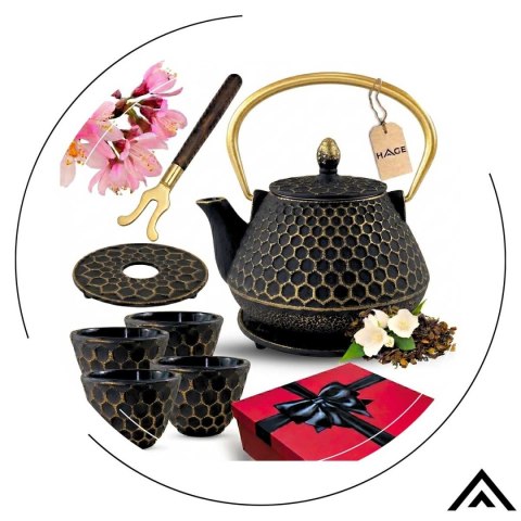 ZAPARZACZ ŻELIWNY DZBANEK ZŁOTY 900ml Z FILTREM i FILIŻANKAMI HAGE