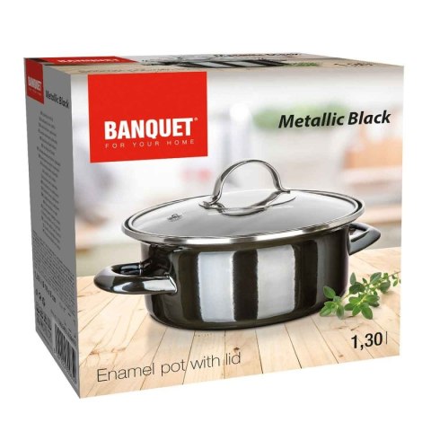GARNEK EMALIOWANY 18cm 1,3L Z POKRYWĄ BANQUET METALLIC BLACK