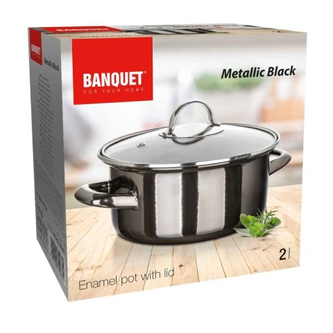 GARNEK EMALIOWANY 20cm 2L Z POKRYWĄ BANQUET METALLIC BLACK
