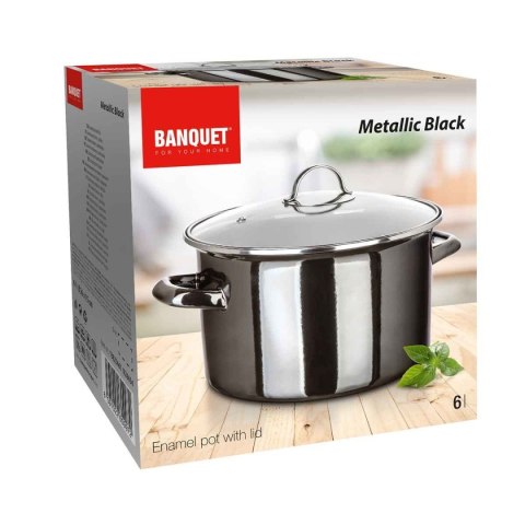 GARNEK EMALIOWANY 26cm 6L Z POKRYWĄ BANQUET METALLIC BLACK