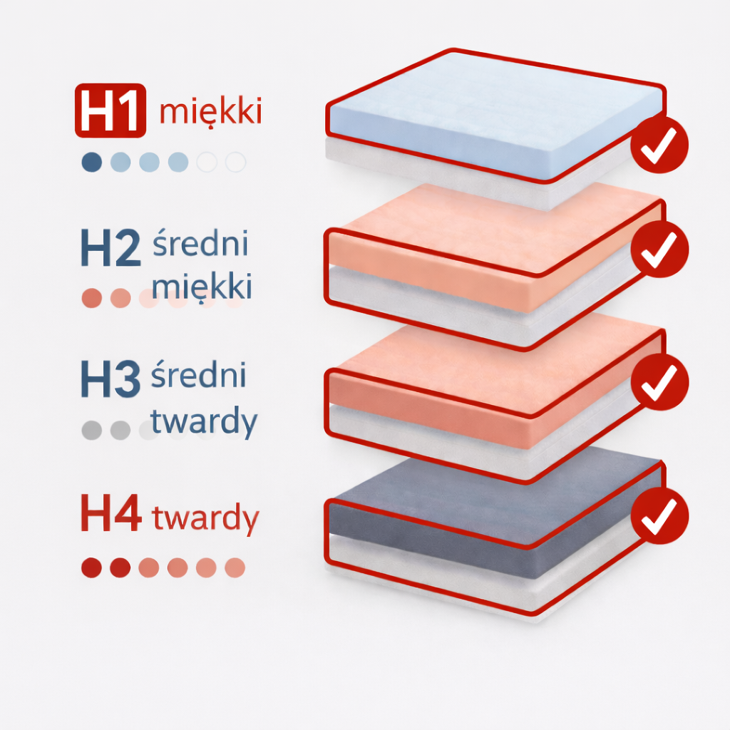 Grafika pokazująca cztery twardości materaca...