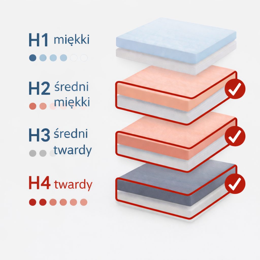 Grafika przedstawiająca różne twardości materacy